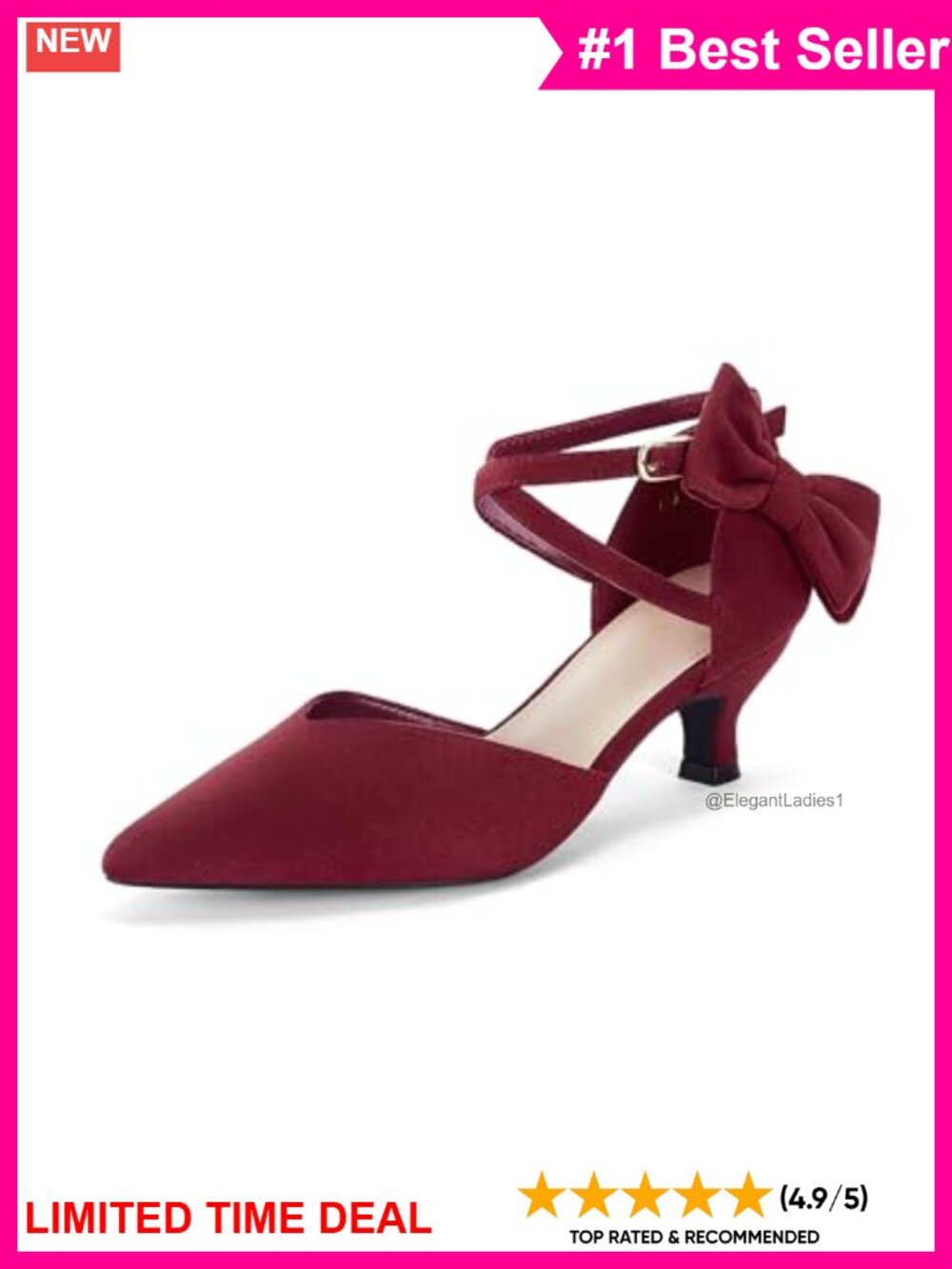 Kitten Heel Pointed Toe Ankle Strap Bow Pumps